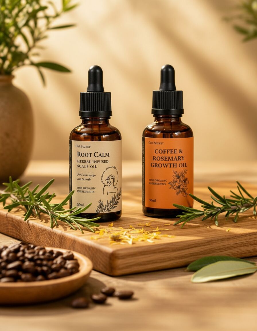 OUR Secret herbal hair and scalp oils styled with fresh rosemary and botanicals