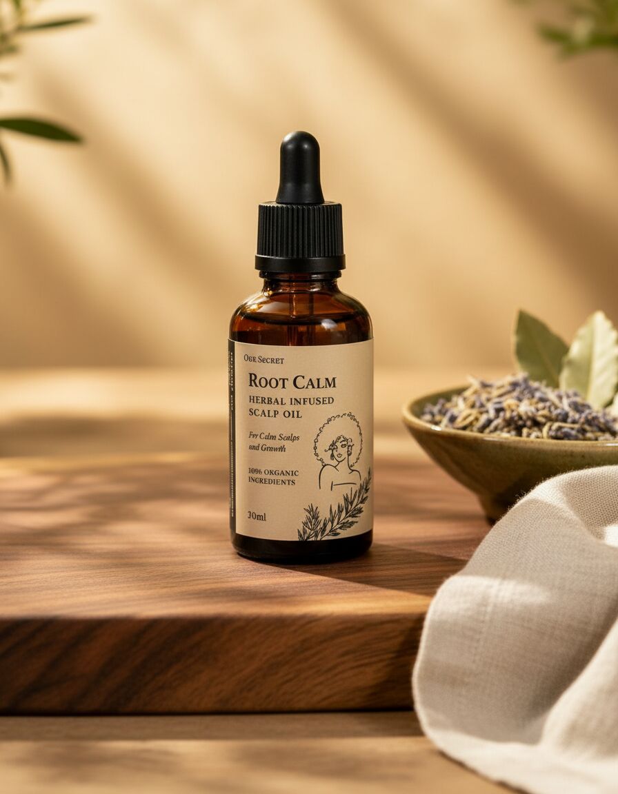 OUR Secret Scalp Elixir on a raw wood surface with beige linen