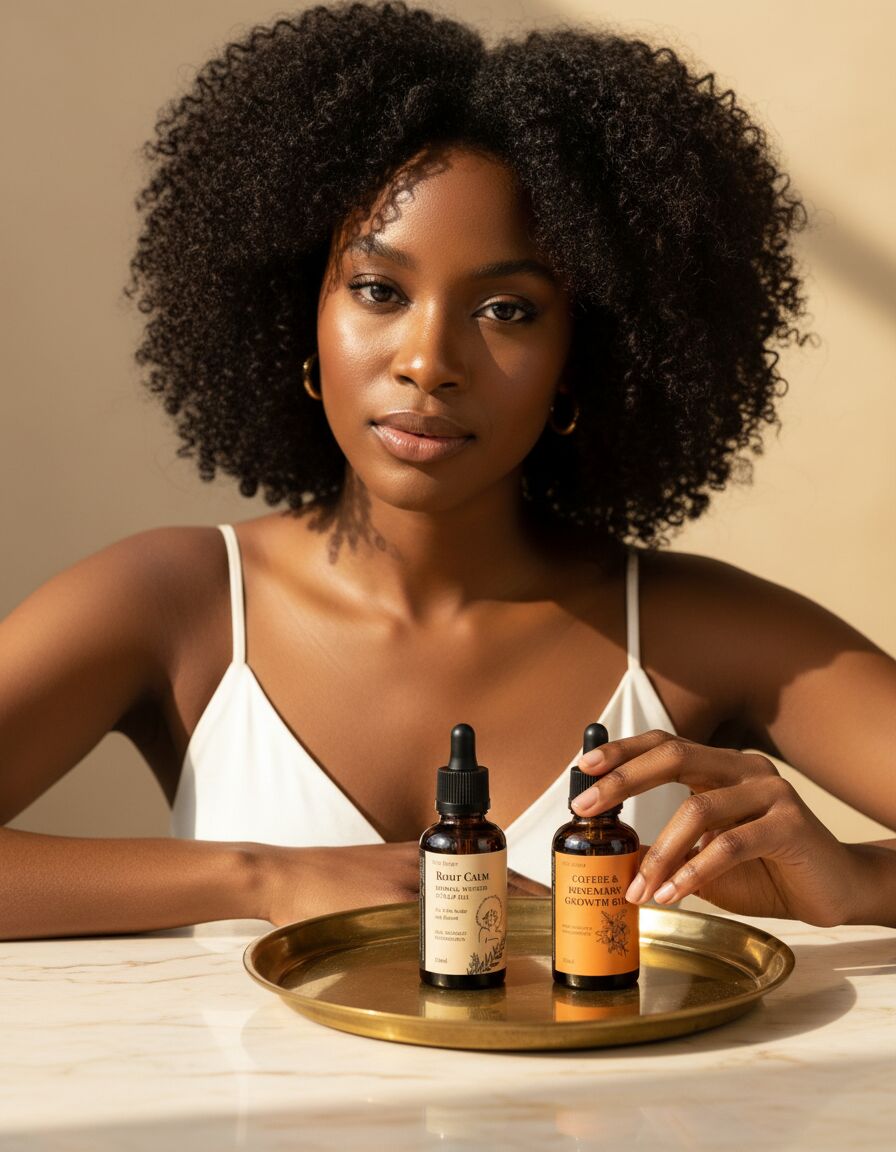 Woman at a sunlit vanity with the OUR Secret oil duo