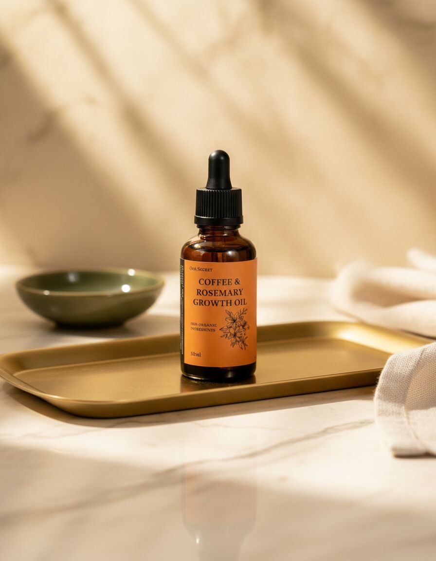 Coffee & Rosemary Herbal Hair Oil on a marble vanity