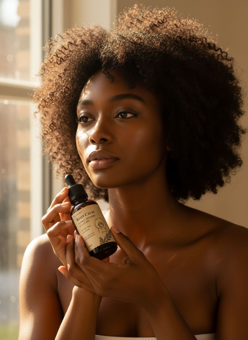 Woman by a sunlit window cradling OUR Secret Scalp Elixir