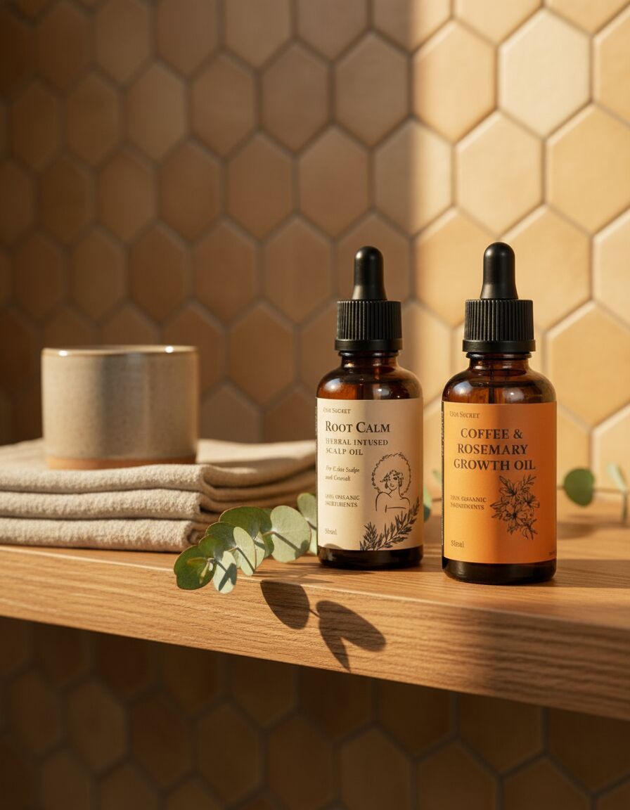 Scalp Elixir and Coffee & Rosemary Herbal Hair Oil on a bathroom shelf with linen and eucalyptus