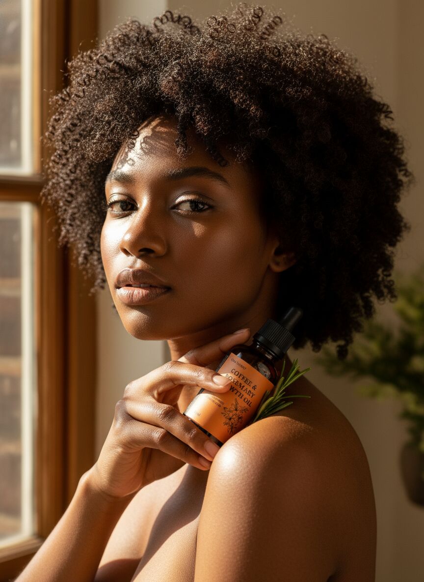 Woman holding Coffee & Rosemary Herbal Hair Oil in sunlit window light